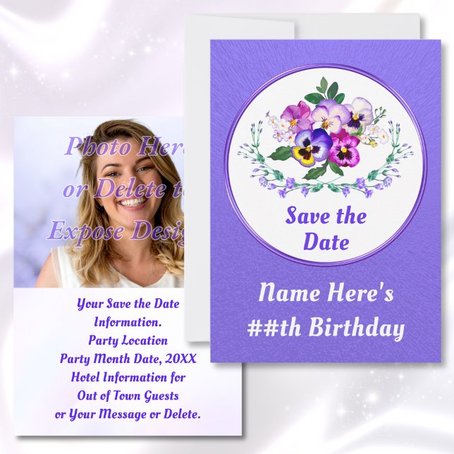 Birthday, Save the Date Cards with PHOTO (Pansy Birthday. Personalized, Save the Dates. Floral Save the Date Cards. Purple Save the Date Cards)