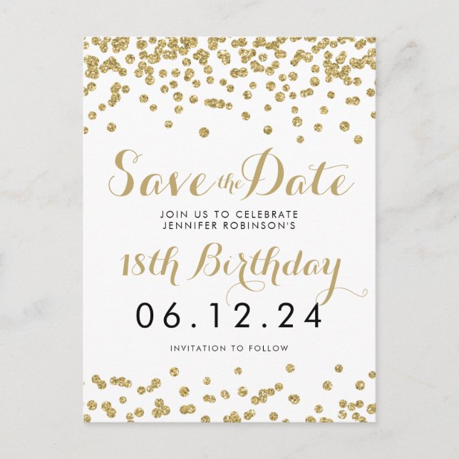 Birthday Save the Date Gold Glitter Confetti White Announcement Postcard (Front)
