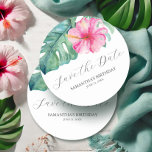 Birthday Save The Date Tropical Theme Round Paper Coaster<br><div class="desc">These birthday save the date coaster cards feature a top boarder of elegant watercolor tropical flowers and monstera palm leaves. The words "Save the Date" are typeset in charcoal grey over a crisp white background. Use the template fields to add you custom details. Can be used for a sweet 16,...</div>