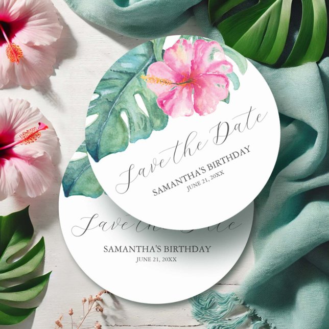 Birthday Save The Date Tropical Theme Round Paper Coaster (Tropical Birthday decor watercolor flowers and palm leaves by Victoria Grigaliunas Do Tell A Belle)
