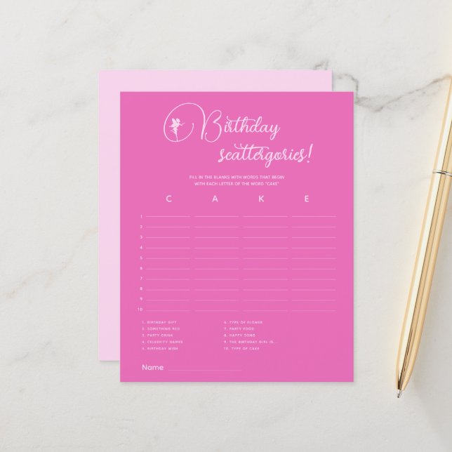 Birthday scattergories! Fairy Birthday Party Game (Front/Back In Situ)