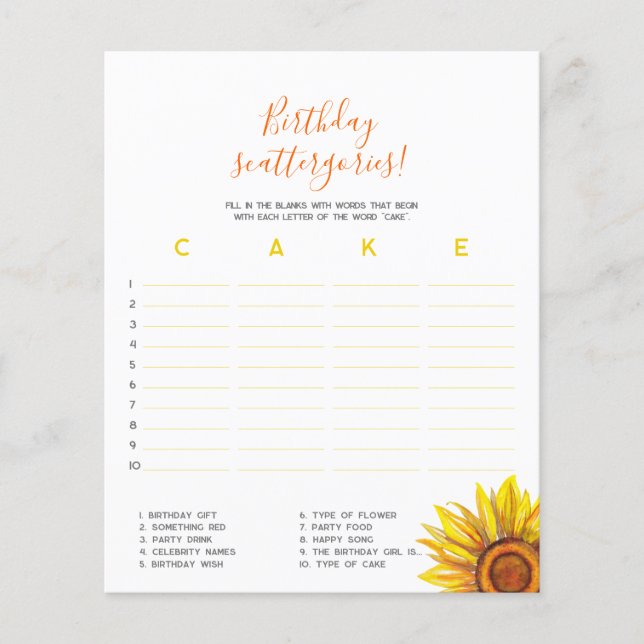 Birthday scattergories! First Birthday Game (Front)