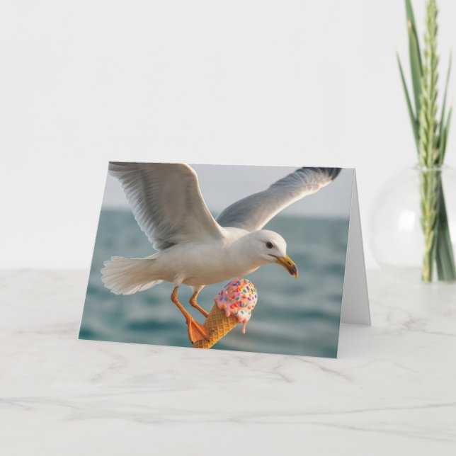 Birthday Seagull Eating an Ice Cream Cone Card (Front)