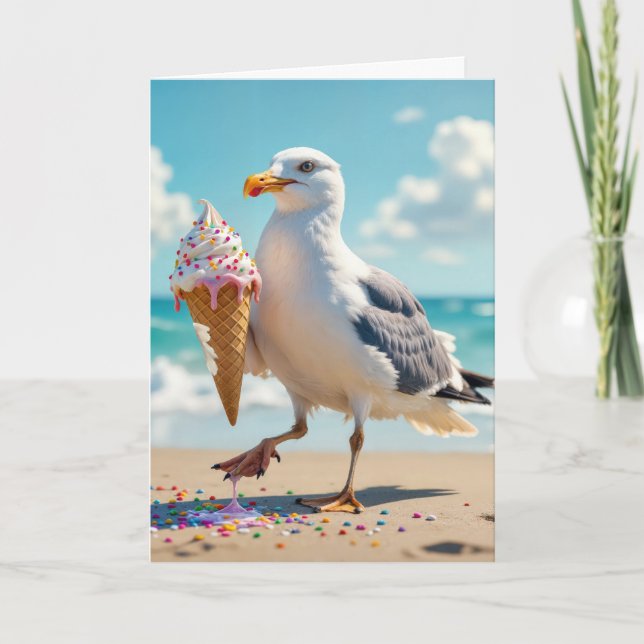Birthday Seagull Holding an Ice Cream Cone Card (Front)