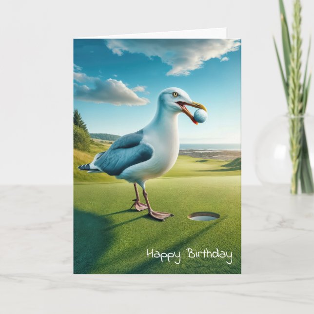 Birthday Seagull With a Golf Ball For Golfer Card (Front)