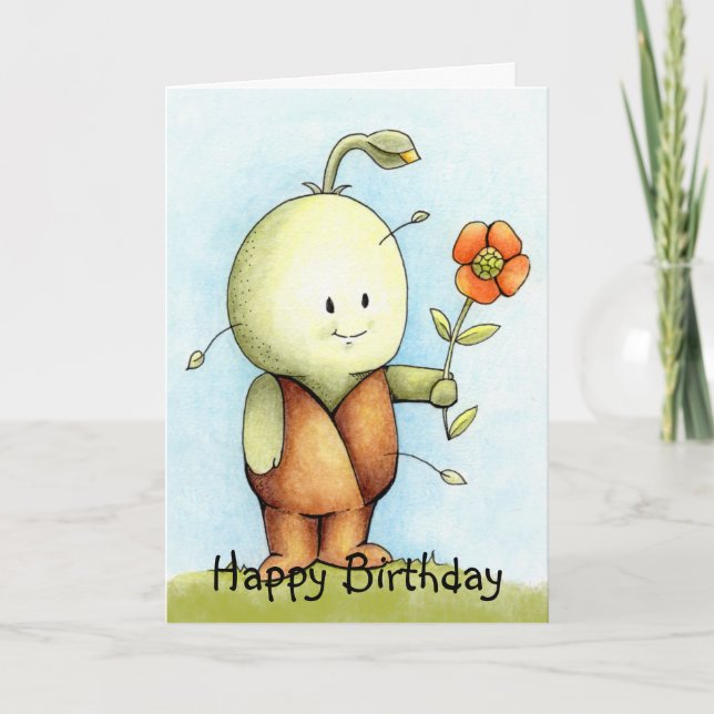 Birthday Seedling Holding A Flower  Card (Front)