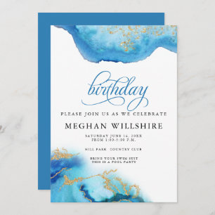 Birthday September Sapphire Watercolor Geode Invitation