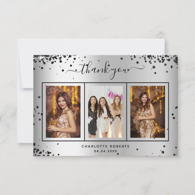 Birthday silver black glitter sparkles photo glam thank you card (Front)