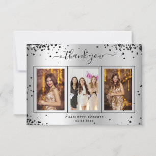 Birthday silver black glitter sparkles photo glam thank you card