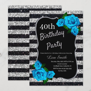 Birthday Silver Black Stripes Glitter Blue Roses Invitation