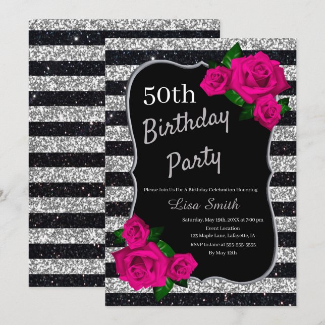 Birthday Silver Black Stripes Glitter Pink Roses Invitation (Front/Back)