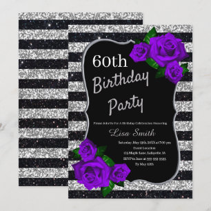 Birthday Silver Black Stripes Glitter Purple Roses Invitation