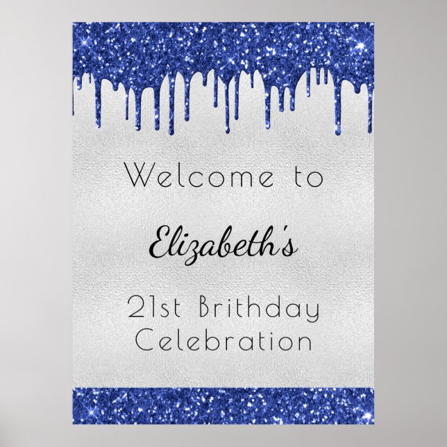 Birthday silver blu glitter drips monogram welcome poster (Front)