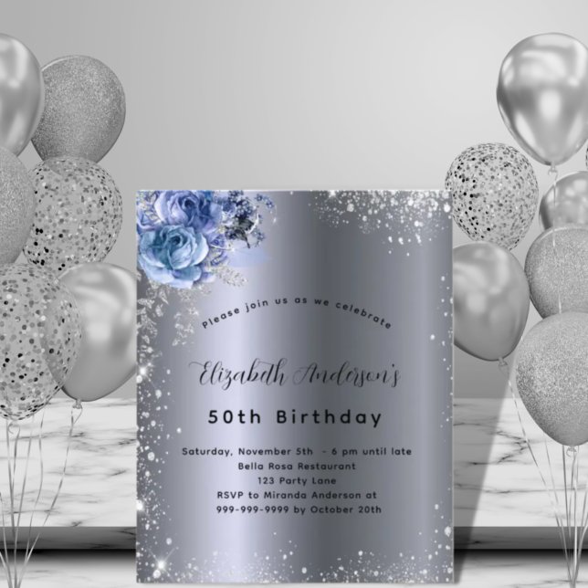 Birthday silver blue florals glitter invitation (Creator Uploaded)