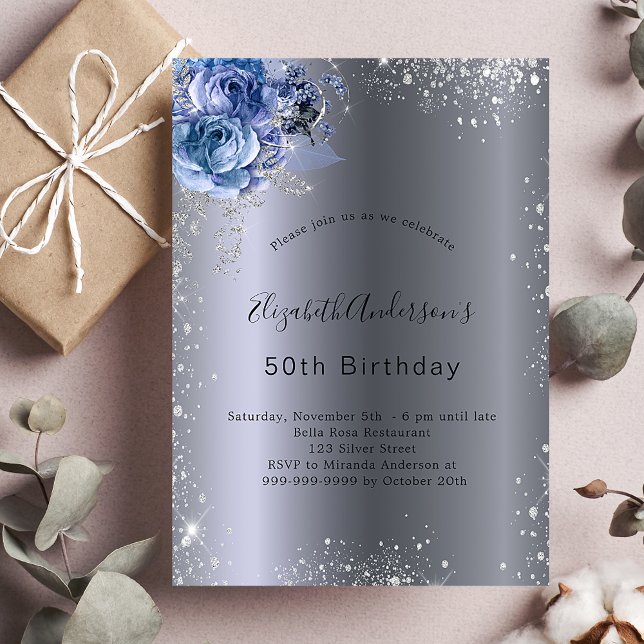 Birthday silver blue florals glitter luxury invitation (Creator Uploaded)