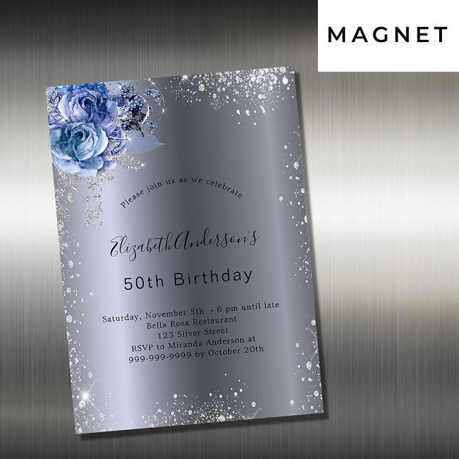 Birthday silver blue florals glitter luxury magnetic invitation (Creator Uploaded)