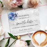 Birthday silver blue florals script save the date announcement postcard<br><div class="desc">A girly and trendy Save the Date for a 50th (or any age) birthday party. A classic faux silver metallic looking background decorated with faux silver glitter dust and blue flowers. Personalize and add a date and name/age. The text: Save the Date is written with a large trendy hand lettered...</div>