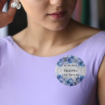 Birthday silver blue flowers 3 cm round badge<br><div class="desc">A faux silver looking background decorated with faux glitter,  sparkles and blue flowers.  Personalise and your name and the party date.</div>