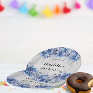 Birthday silver blue flowers paper plate