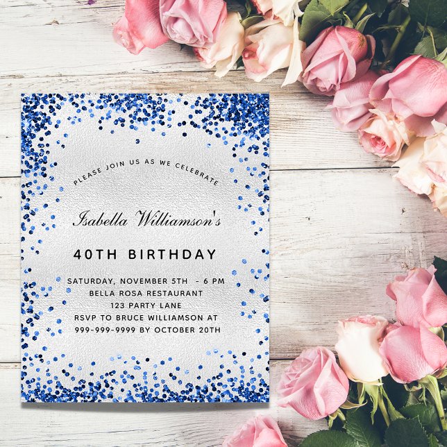 Birthday silver blue glitter budget invitation (Creator Uploaded)