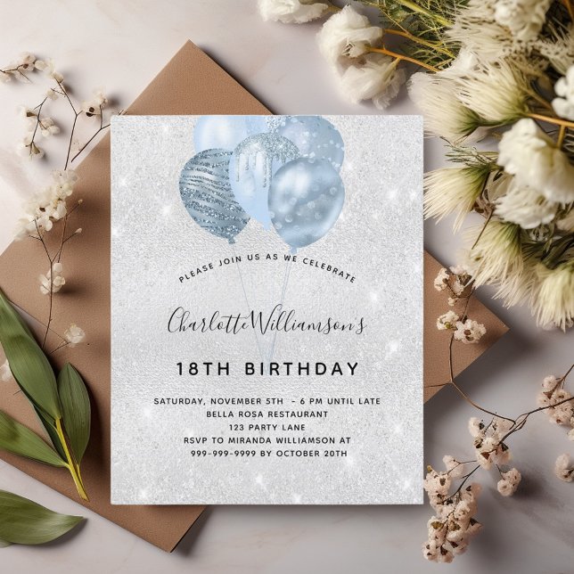 Birthday silver blue glitter budget invitation flyer (Creator Uploaded)