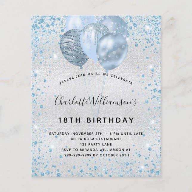 Birthday silver blue glitter budget invitation flyer (Front)