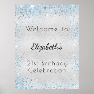 Birthday silver blue glitter dust name welcome poster