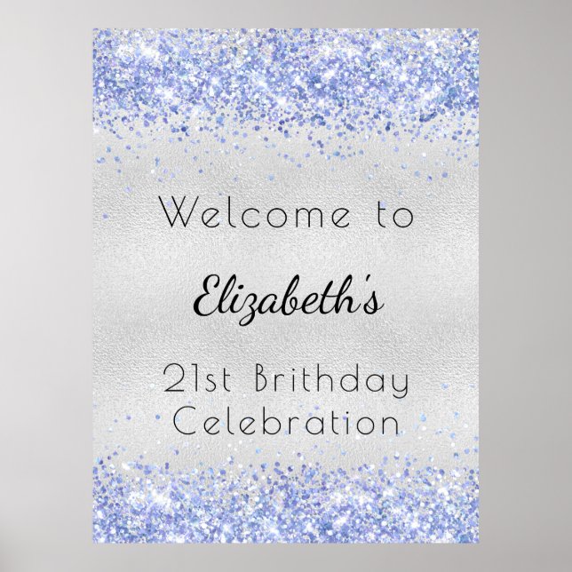 Birthday silver blue glitter name welcome poster (Front)