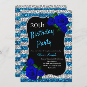 Birthday Silver Blue Stripe Glitter Deep Blue Rose Invitation