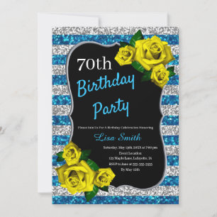 Birthday Silver Blue Stripes Glitter Yellow Roses Invitation