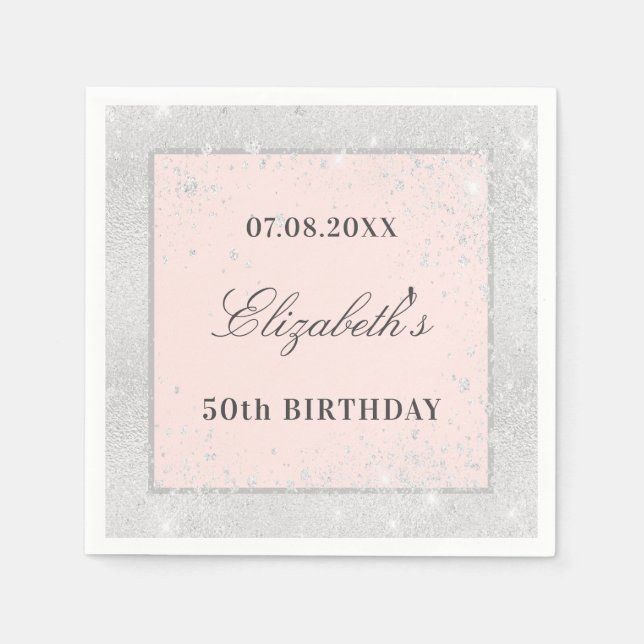Birthday silver blush rose gold glitter dust napkin (Front)