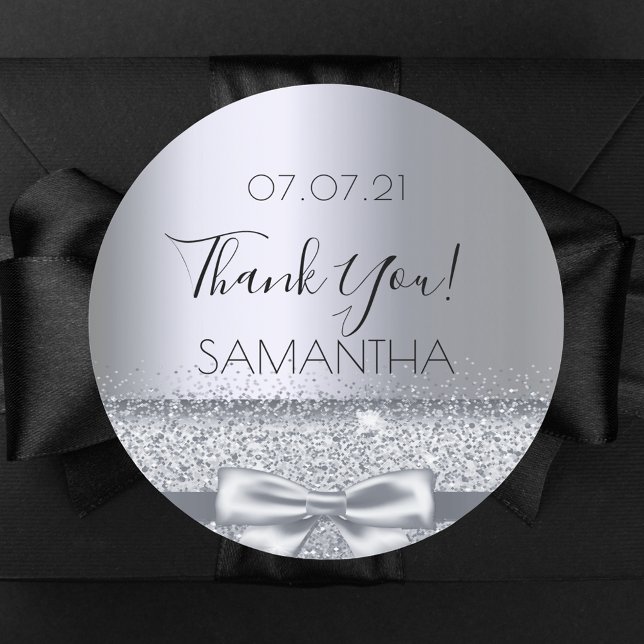 Birthday silver bow thank you classic round sticker (Creator Uploaded)