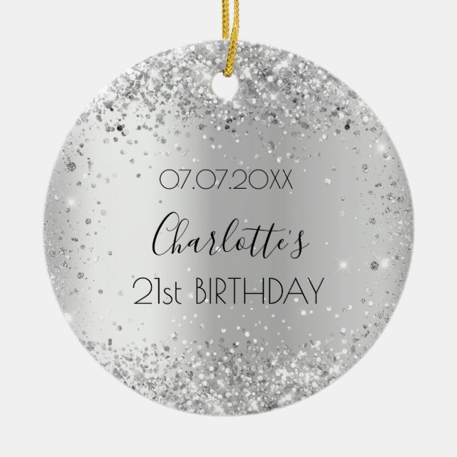 Birthday silver confetti name ceramic tree decoration (Front)