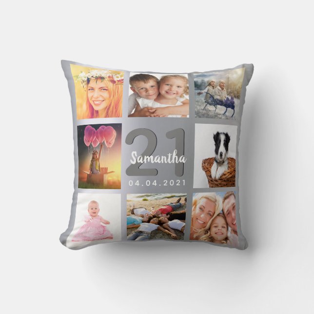 Birthday silver custom photo collage cushion (Front)