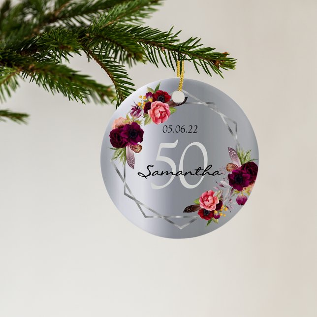Birthday silver florals geometric monogram ceramic tree decoration (Creator Uploaded)