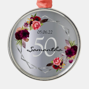 Birthday silver flowers geometric burgundy metal tree decoration