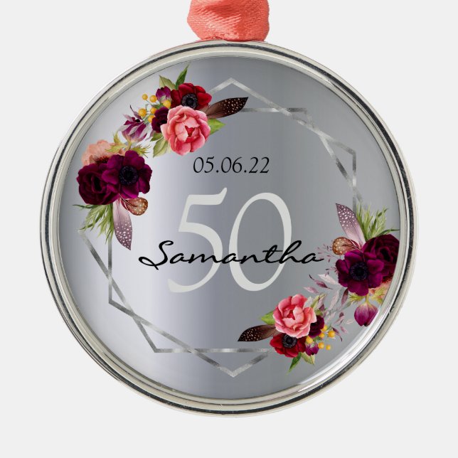 Birthday silver flowers geometric burgundy metal tree decoration (Front)