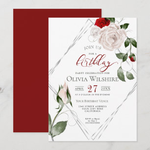 Birthday   Silver Frame Pale Blush Watercolor Rose Invitation
