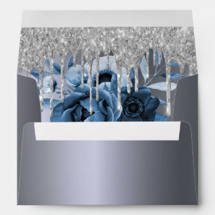 Birthday silver glitter drips blue florals winter envelope