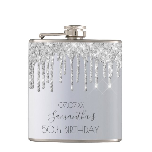 Birthday silver glitter drips friend hip flask (Front)