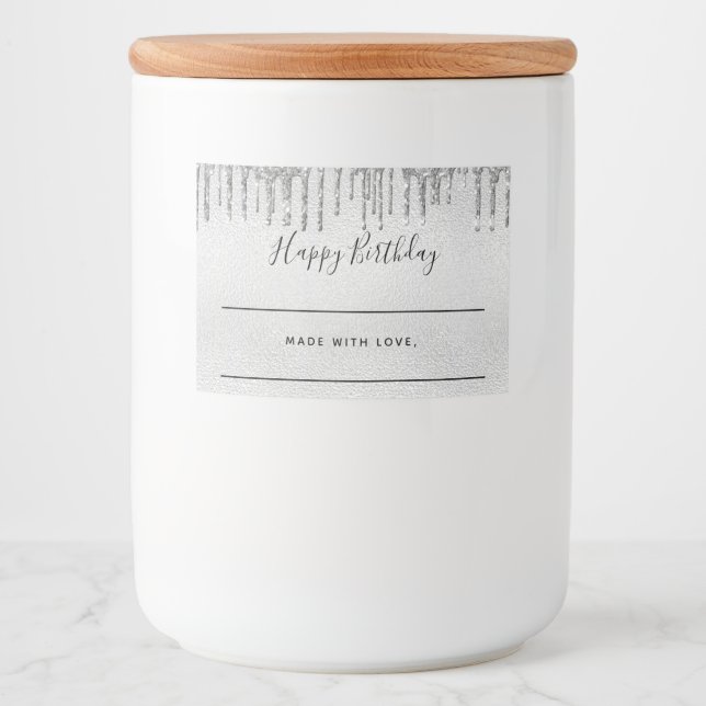 Birthday silver glitter drips homemade food label (Front)