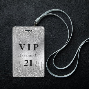 Birthday silver glitter drips metal vip invitation ID badge