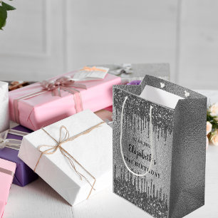 Birthday silver glitter drips monogram medium gift bag