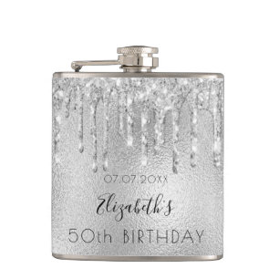 Birthday silver glitter drips name hip flask
