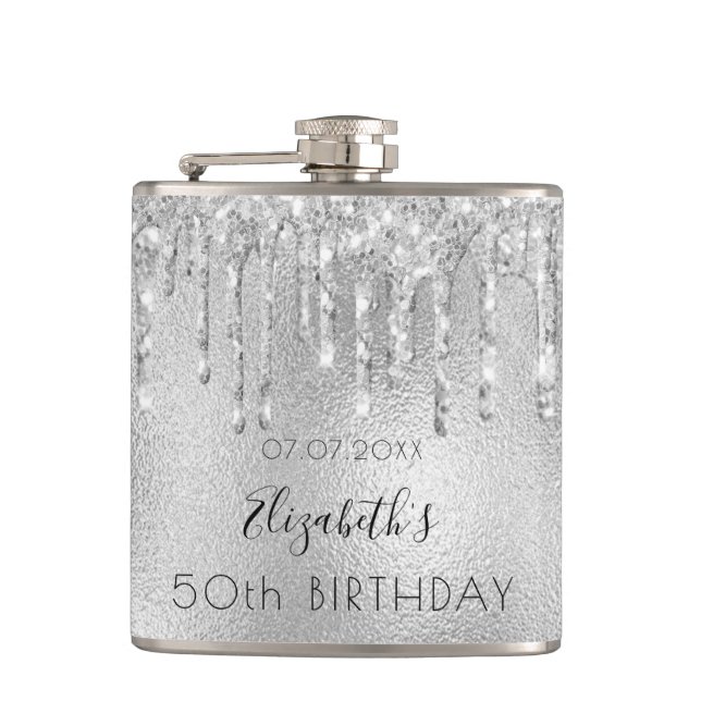 Birthday silver glitter drips name hip flask (Front)