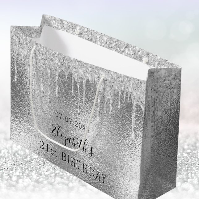 Birthday silver glitter drips name large gift bag (Creator Uploaded)