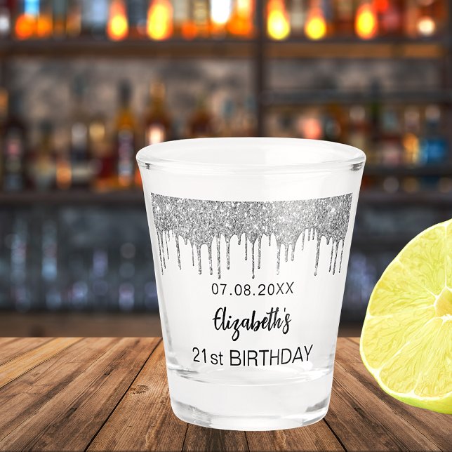 Birthday silver glitter drips name  shot glass (Creator Uploaded)