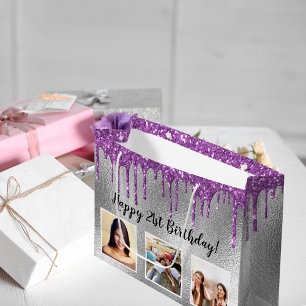Birthday silver glitter drips purple custom photo large gift bag