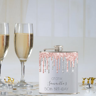 Birthday silver glitter drips rose gold friends hip flask