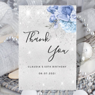 Birthday silver glitter dust blue floral thank you card